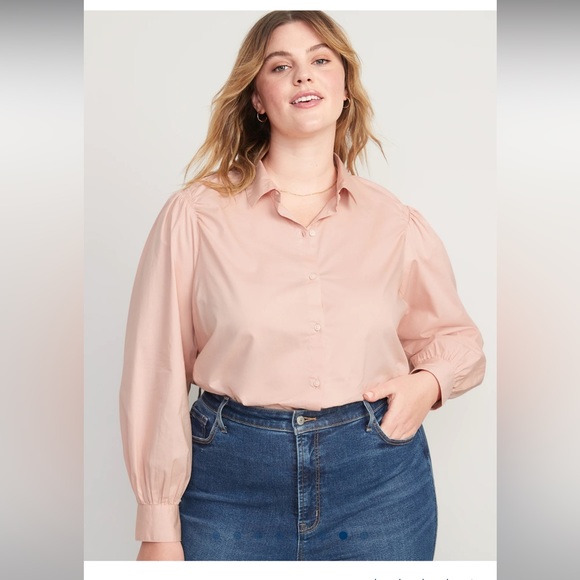 OLD NAVY Salmon Pink Long-Sleeve Smocked Cotton Poplin Button Down Blouse Shirt - Picture 7 of 13